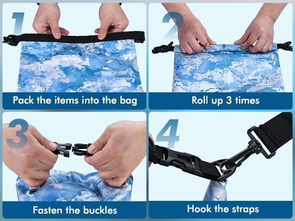 VILLEY Dry Bag Waterproof 5L Roll Top Storage Backpack, Keeps Gear Dry Lightweight Backpack for Kayaking Boating Camping Swimming and Beach Accessories Blue Camo
