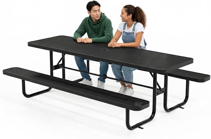 Metal Picnic Furniture for Outdoors with Umbrella Hole - Coated Steel Heavy Duty Commercial Grade Table with Adjustable Seats, Patio Set for a Lifetime (Black, 8' Rectangular, Punched Steel)