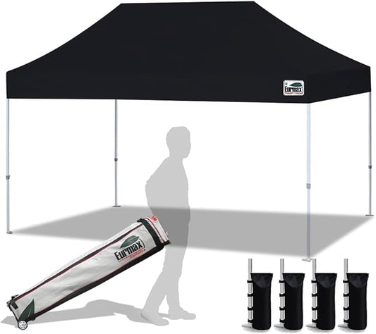Eurmax USA 10'x15' Pop Up Canopy Tent Commercial Instant Canopies with Heavy Duty Roller Bag,Bonus 4 Sand Weights Bags (Black)