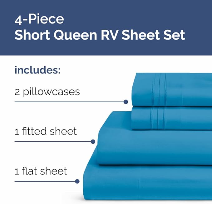 Short Queen Size 4 Piece Sheet Set - RV Short Queen, Soft, Breathable & Cooling Bed Sheets Set w/ Deep Pockets - Hotel Luxury Bedding for Women, Men, Kids, Teens, Boys & Girls - Oeko-Tex - Denim Blue