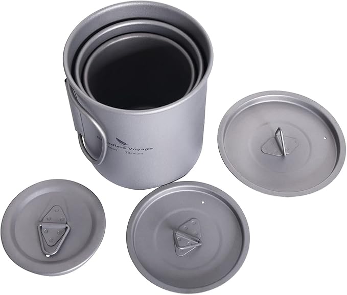 iBasingo Titanium Mug 200ml & 300ml & 450ml Backpacking Tea Coffee Water Cup with Lid & Foldable Handle Outdoor Camping Pot Ultralight Portable Hiking Picnic Cooking Kit Ti3046D