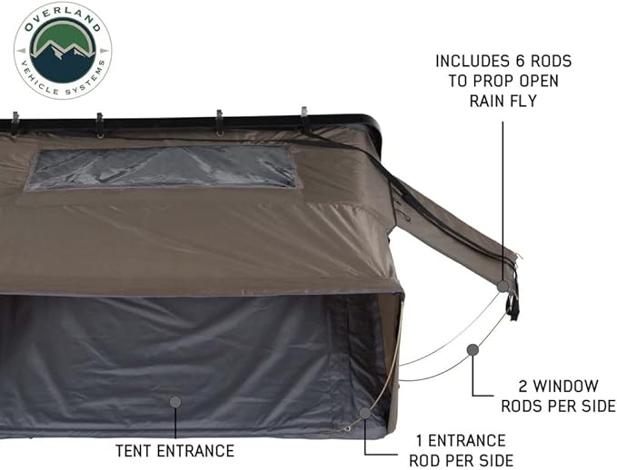 Overland Vehicle Systems Bushveld II Hard Shell Clam Shell Roof Top Tent with Aluminum Base Dark Grey Body and Green Rainfly - 2 Person Tent - Four Seasons Ready