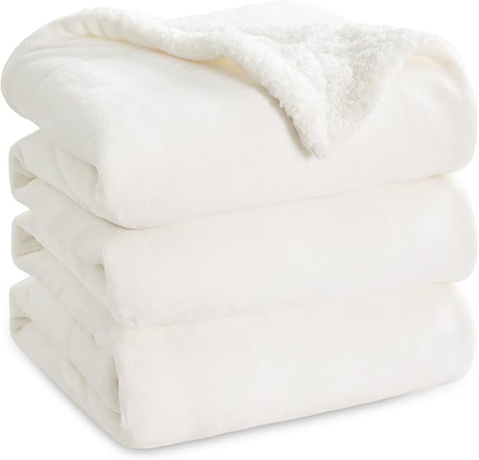 Bedsure GentleSoft Sherpa Fleece Blankets Queen Size for Bed - Thick and Warm, Soft Fuzzy Plush Queen Blanket for Winter, White, 90x90 Inches
