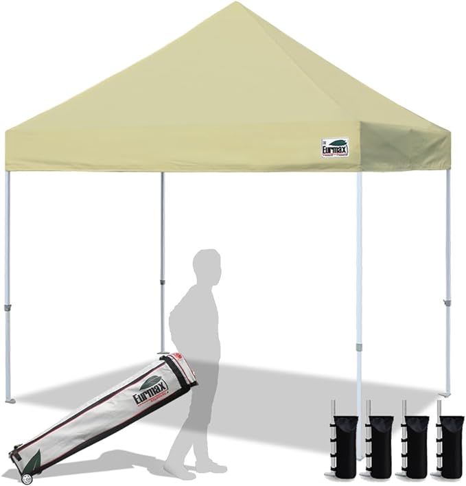 Eurmax USA 8'x8' Pop Up Canopy Tent Commercial Instant Canopies with Heavy Duty Roller Bag,Bonus 4 Sand Weights Bags (Beige)