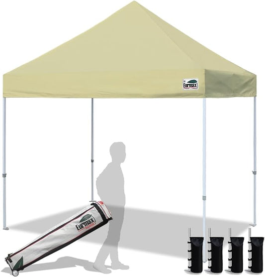 Eurmax USA 8'x8' Pop Up Canopy Tent Commercial Instant Canopies with Heavy Duty Roller Bag,Bonus 4 Sand Weights Bags (Beige)