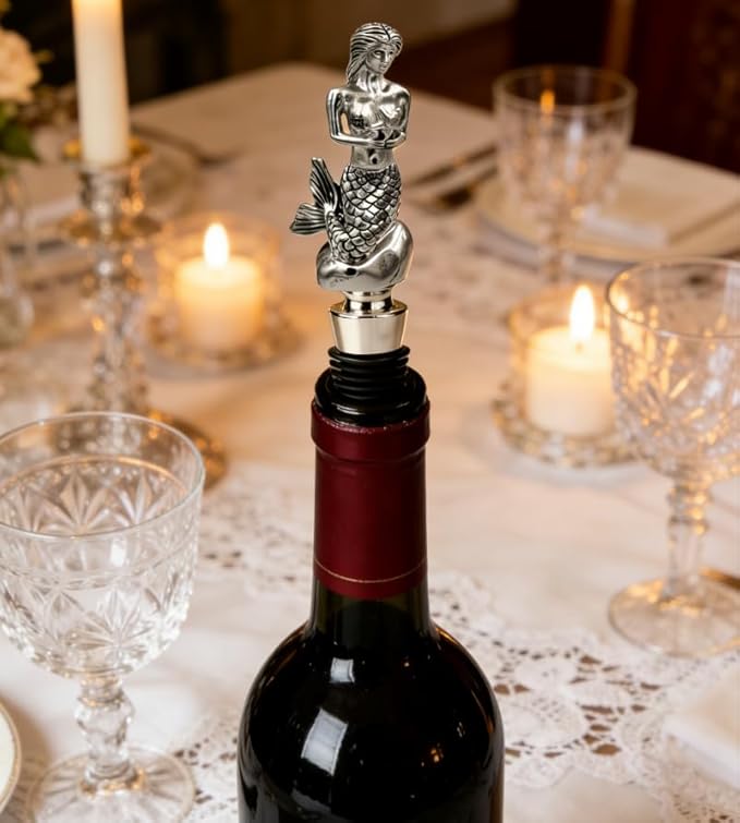 Homestia Mermaid Wine Stopper, Reusable Zinc Alloy Bottle Topper with Silicone Seal Leak-Proof, Handcrafted Decorative Wine Saver Gift for Wine Lovers