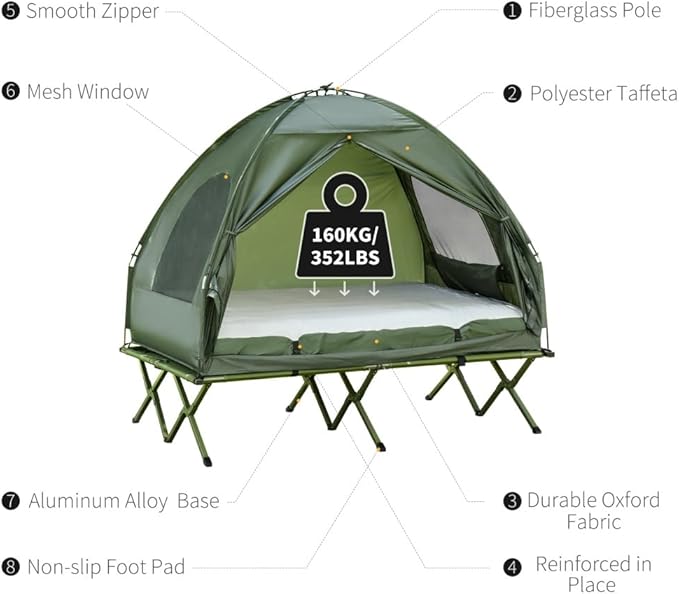 2 Person Foldable Camping Cot with Tent, Bedspread and Thick Air Mattress, 4-in-1 Elevated Camping Bed Tent for Outdoor Hiking, Picnic, Travel