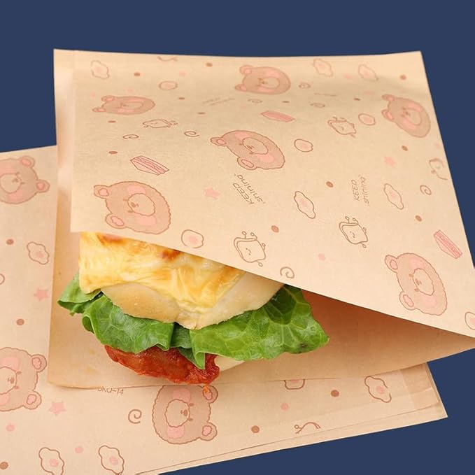 Paper Hamburger Bags 7 × 7 "50pcs, Food-Grade Oil-Proof Triangular Snack And Pastry Bags, Recyclable Packaging, Doughnut Sandwich Bread Food Packaging (Greedy Bear)