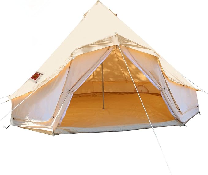 UNISTRENGH Luxury Outdoor Waterproof Four Season Family Camping and Winter Glamping Cotton Canvas Yurt Bell Tent with Roof Stove Jacket, Mosquito Screen Door and Windows
