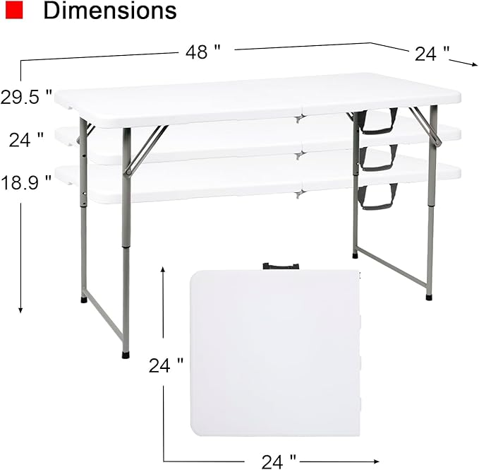 2-PCS 48" W x 24" D x 29.5" H - 4FT White Folding Table Heavy Duty Portable, Plastic Folding Utility Folding Table for Camping, Picnics & Parties
