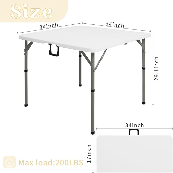 34" Square Folding Table,Multi-Functional Portable Folding Card Table with Carrying Handle for Indoor Outdoor Camping,Picnic, Office, Party Use, HDPE Plastic Tabletop with Metal Frame(White)
