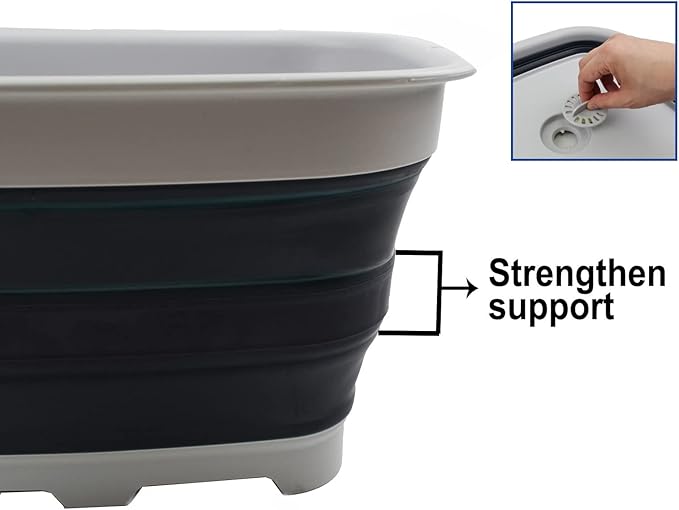 SAMMART 15L (3.9 Gallon) Collapsible Dishpan with Draining Plug - Foldable Washing Basin - Portable Dish Washing Tub - Camping & Space Saving Kitchen Storage Tray (Grey/Slate Grey)