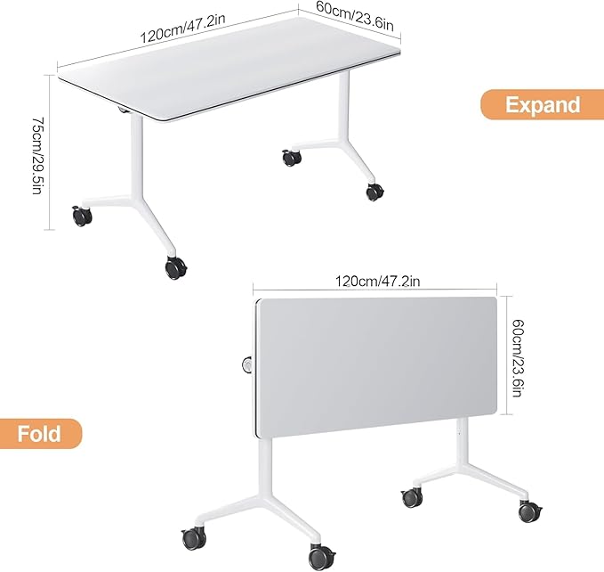 2Packs 47.2 Inch Folding Conference Table Space-Saving 3.94 FT Training Classroom Table, Heavy-Duty Meeting Table for Office Events,Easy Storage Design, Rectangular Table with Durable Legs White