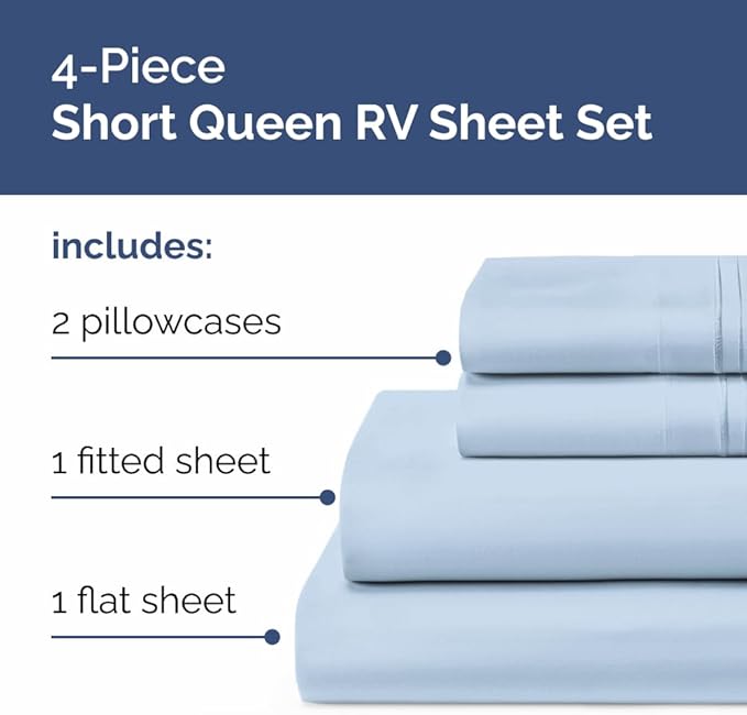 Short Queen Size 4 Piece Sheet Set - RV Short Queen, Soft, Breathable & Cooling Bed Sheets Set w/ Deep Pockets - Hotel Luxury Bedding for Women, Men, Kids, Teens, Boys & Girls - Oeko-Tex - Sky Blue