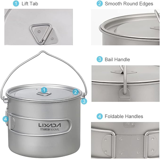 Titanium Pot, 750ml/900ml/1100ml Ultralight Titanium Pot Water Mug Cup with Lid and Foldable Handle Outdoor Camping Cooking Picnic
