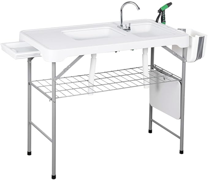 Folding Fish Cleaning Table with 2 Foldable Sinks, 42.5'' Portable Camping Sink Table with Foldable Faucet, Drainage Hose, Sprayer, Storage Box & Grooves, Outdoor Fillet Station for Picnic
