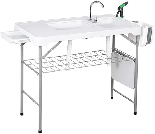 GarveeLife Folding Fish Cleaning Table, Portable Camping Double Sinks Table w/2 Dual Water Basins, Faucet Drainage Hose & Sprayer, Outdoor Fish Fillet Cleaning Station w/Storage Box