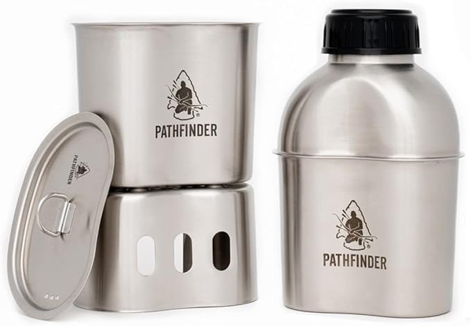 The Pathfinder School Metal Canteen Cooking Set - Survival Gear - Camping Essentials Mess Kit - Military Grade Outdoor Eating Kit - Hiking and Trail Cook Set