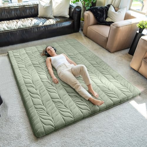 ZonLi Japanese Floor Mattress Futon Mattress Full Size, 6" Thicken Roll Up Tatami Mat 100% Cotton Washable Cover, Portable & Foldable Floor Bed Mattress for Sleeping, Dormitory, Adult Kids, Green