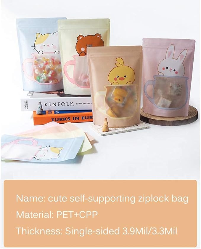 100 Pieces Resealable Cartoon Stand Up Plastic Smell Proof Zip Lock Packaging Bags for Food Storage Package Pouches (Blue Kitten,6.3x9.1 Inch)
