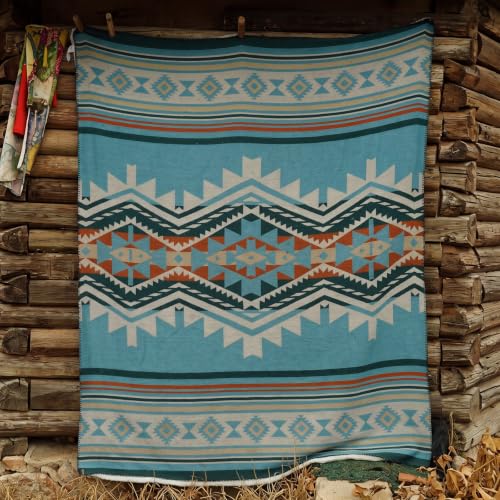 Aztec Blanket with Soft Sherpa Fleece, Southwestern Blankets for Camping, Boho Throws - color: Aqua Blue, size: 60" x 80"