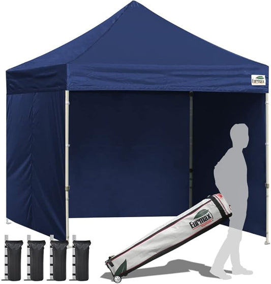 Eurmax USA 8'x8' Pop-up Canopy Tent Commercial Instant Canopies with 4 Removable Zipper End Side Walls and Roller Bag, Bonus 4 SandBags(Navy Blue)
