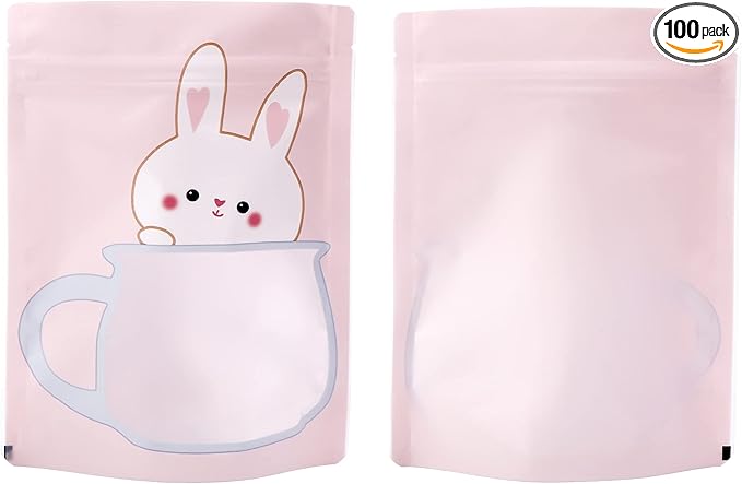 QQ Studio 100 Animal Designed Snack Bags, Plastic Bakery Bags, Cute Favor Bags for Snacks, Pastel Cookie Bags with Window, Zipper Seal Treat Storage Bags (6.25 Inch x 9 Inch, Pink Bunny)
