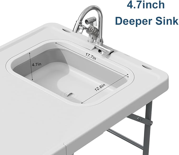 PeakPursuit Fold in Half Folding Fish Cleaning Table with Foldable Sink, Protable Camping Sink Table with Drainage Hose, Fish Fillet Cutting Desk for Outdoor Picnic Patio Backyard BBQ