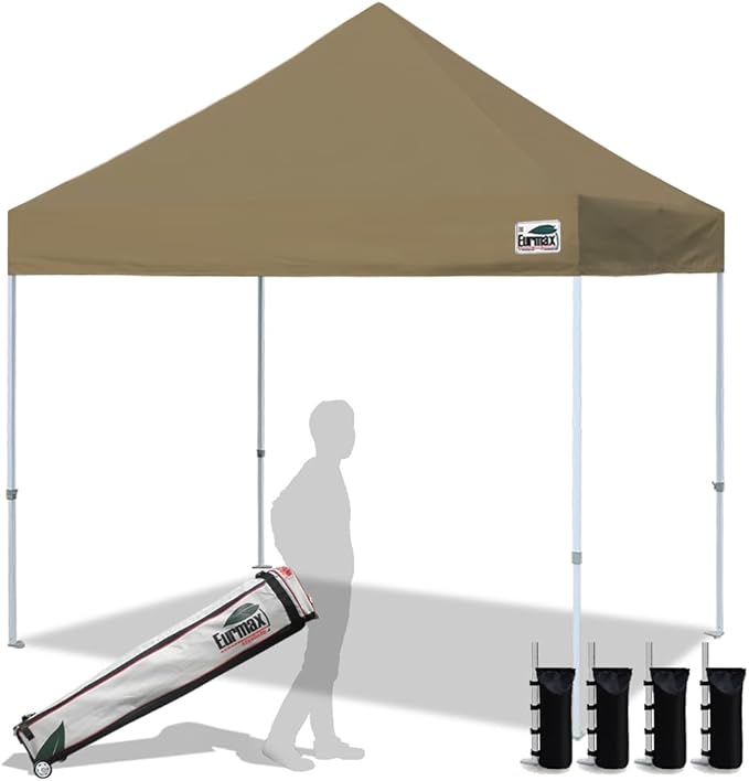 Eurmax USA 8'x8' Pop Up Canopy Tent Commercial Instant Canopies with Heavy Duty Roller Bag,Bonus 4 Sand Weights Bags (Khaki)