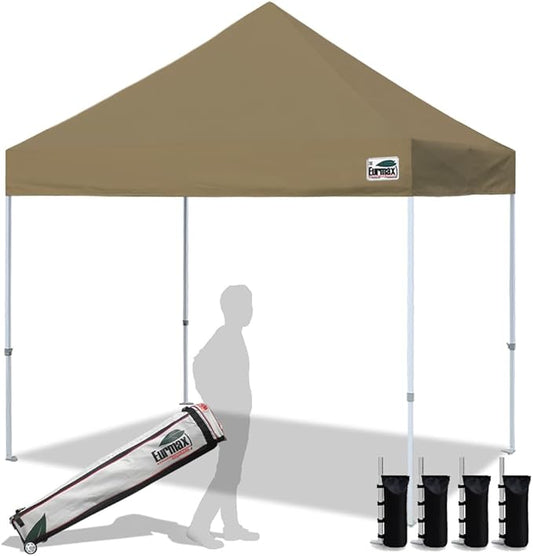 Eurmax USA 8'x8' Pop Up Canopy Tent Commercial Instant Canopies with Heavy Duty Roller Bag,Bonus 4 Sand Weights Bags (Khaki)