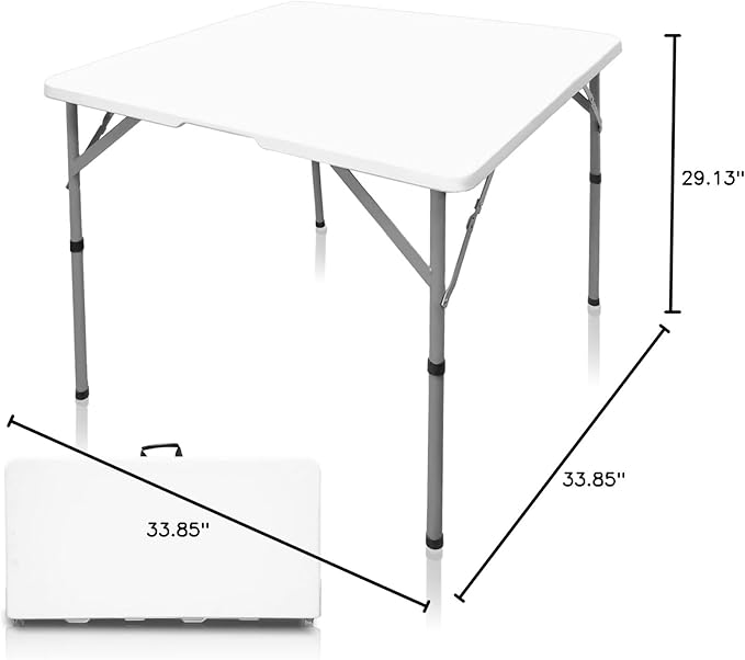 34 Inch Square Folding Table - Resin Square Card Table with Handles, Fold-in-Half, Indoor Outdoor Use for Crafting, Puzzles, Camping, Picnics, Parties and Utility