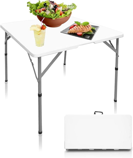 34 Inch Square Folding Table - Resin Square Card Table with Handles, Fold-in-Half, Indoor Outdoor Use for Crafting, Puzzles, Camping, Picnics, Parties and Utility