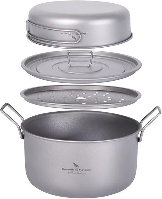 Boundless Voyage Multifunctional Titanium Steamer Pot with Frying Pan and Vented Lid Outdoor Camping Backpacking Kitchen
