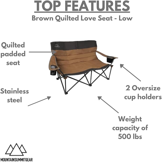 MOUNTAIN SUMMIT GEAR Quilted Low Loveseat Camping Chair for 2 with Padded Seat and Back for Camping/Hiking/Backpacking Made by Caddis Sports (Low Loveseat (Brown))