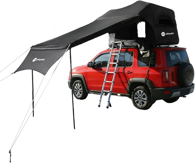 PlayDo Inflatable Rooftop Tent Easy Setup Camping Tent for The Roof of Sedans Pickup Blow Up Roof Top Tents SUV Truck Van Glamping Tent with Porch, Strip Light for 2-3 Person