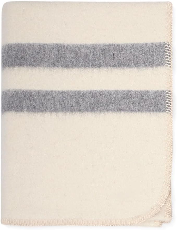 Thick Alpaca Wool Blanket Heavyweight for Camping Outdoors or Using Indoors | Soft Peruvian Alpaca Wool Blankets (Ivory - Soft Gray Stripes, Travel Size)