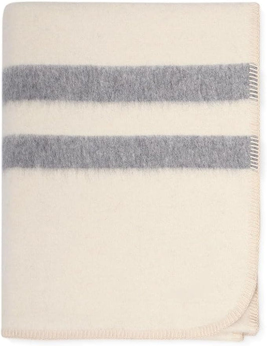 Thick Alpaca Wool Blanket Heavyweight for Camping Outdoors or Using Indoors | Soft Peruvian Alpaca Wool Blankets (Ivory - Soft Gray Stripes, Travel Size)