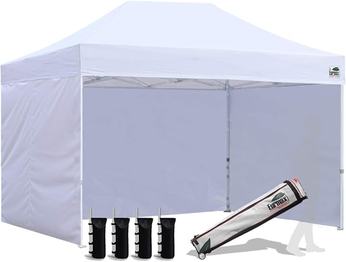 Eurmax USA 8'x12' Pop-up Canopy Tent Commercial Instant Canopies with 4 Removable Zipper End Side Walls and Roller Bag, Bonus 4 SandBags(White)