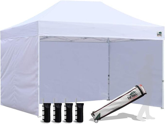 Eurmax USA 8'x12' Pop-up Canopy Tent Commercial Instant Canopies with 4 Removable Zipper End Side Walls and Roller Bag, Bonus 4 SandBags(White)