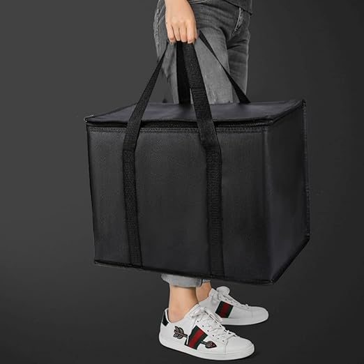 2 Pack Additional Bottom Plate Black Insulated Grocery Shopping Bag, Delivery,Pizza,Reusable Bags, Sturdy Zipper,Collapsible,Tote,Cooler,Thermal,Beach,Waterproof Heavy Duty