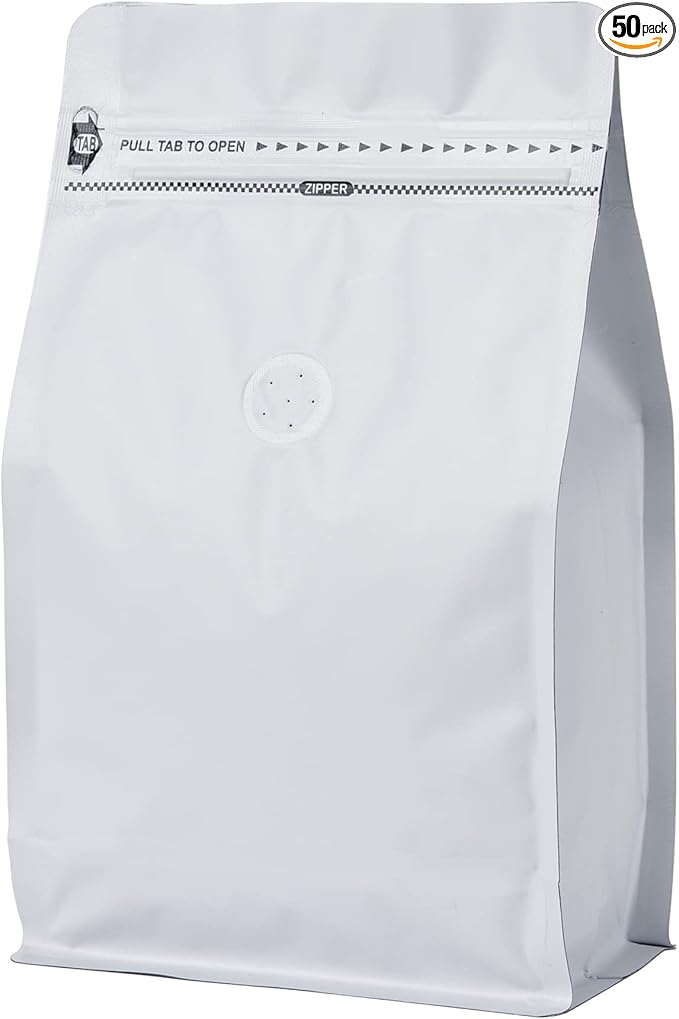 50 Pack Coffee Bags with Aluminum Foil and Degassing Valve, Resealable High Barrier Storage Bags, Odor-Proof for Coffee Beans, Stand Up Coffee Pouch, Flat Bottom (Medium-12OZ, White)