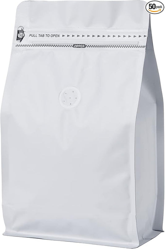 50 Pack Coffee Bags with Aluminum Foil and Degassing Valve, Resealable High Barrier Storage Bags, Odor-Proof for Coffee Beans, Stand Up Coffee Pouch, Flat Bottom (Medium-12OZ, White)