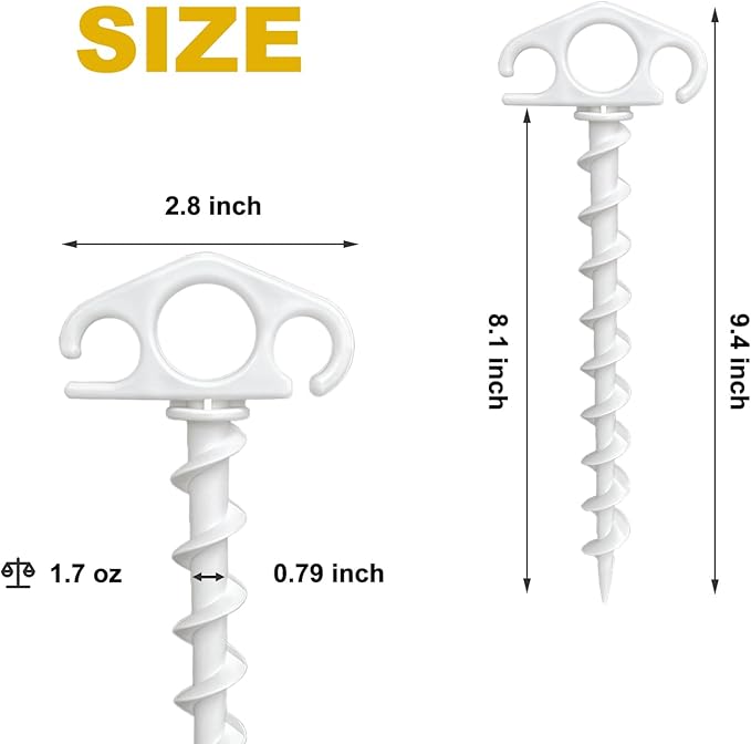 Tent Stakes Ground Anchors Screw in, 6 Pack Sand Stakes for Beach 9.4 Inch Heavy Duty Spiral Tent Pegs for Camping, Party, Hiking, Outdoor Decoration (6, White)