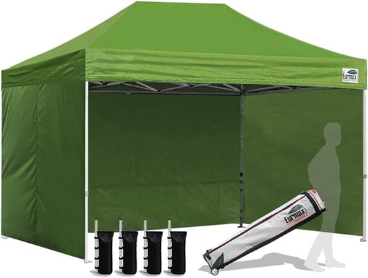 Eurmax USA 8'x12' Pop-up Canopy Tent Commercial Instant Canopies with 4 Removable Zipper End Side Walls and Roller Bag, Bonus 4 SandBags(Field Green)