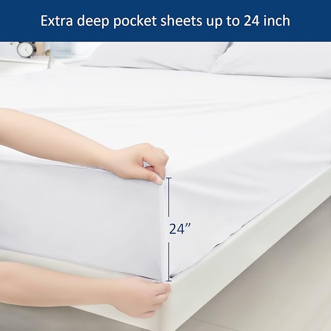 Extra Deep Pocket Air Mattress White Sheets Twin Size - 3Pcs Side Storage Pocket Fitted Sheet & Pillowcase Twin Deep Pocket Sheet Sets Easily Fits for Kids 16in to 24in Pillow Top Air Bed