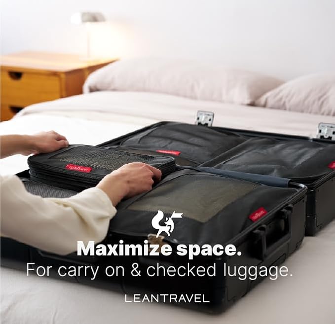 LeanTravel Premium Compression Packing Cubes for Travel - Luggage Organizers with Double Zipper - Sturdy Bags for Suitcase (3-Pack, Black)