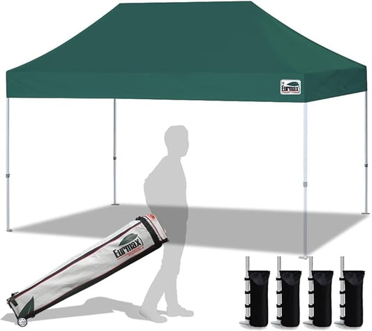Eurmax USA 10'x15' Pop Up Canopy Tent Commercial Instant Canopies with Heavy Duty Roller Bag,Bonus 4 Sand Weights Bags (Forest Green)