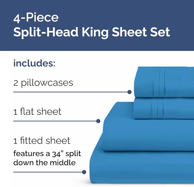 Flex Top Split Head King 4 Piece Sheet Set - Comfy Breathable & Cooling Bed Sheets Set - Hotel Luxury Bedding for Women, Men, Kids, Teens, Boys & Girls - Deep Pockets, Soft and Oeko-Tex - Denim Blue