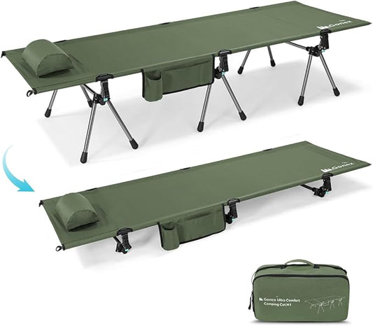 Gonex Camping Cot with Leg Extenders 2 in 1 Portable Ultralight Folding Cot for Adults Adjustable Height Supports 350lbs Sleeping Bed for Backpacking Travel Beach Home 74.8"x27.5"(Army Green, 1 PCS)
