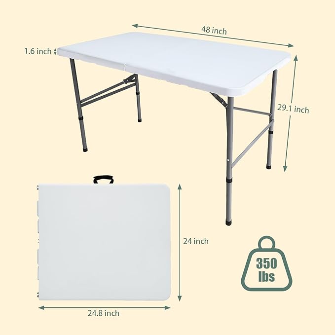 4ft Folding Table, Fold-in-Half Portable Heavy Duty Utility Outdoor Dining Card Table with Handle, Steel Legs Indoor Outdoor Use for Camping Picnic Events Party Card Games, White
